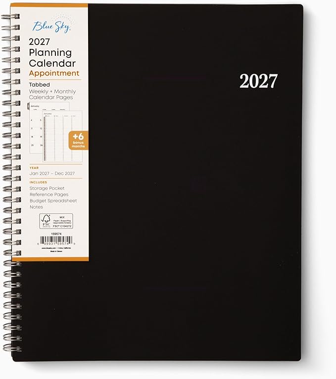 Blue Sky 2027 Weekly and Monthly Appointment Planner Calendar, January 2027 - December 2027, 8.5" x 11", With 15-Minute Blocks, Flexible Cover, Wirebound, Laminated Tabs, Storage Pocket, Enterprise