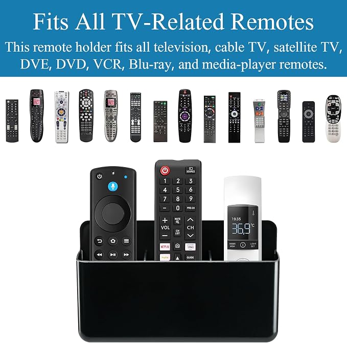 Remote Control Organizer, 2 Pack, Black | 3 Slot Wall Mount, Self Adhesive, For TV Remote, Marker & Pen, For Home, Office, School