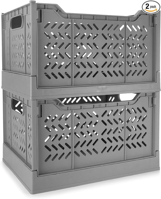 Domiella 2-Pack Crates for Storage, Storage Crates Plastic Stackable, Foldable Crate for Office Home Kitchen Bedroom Bathroom (Tall, Gray)