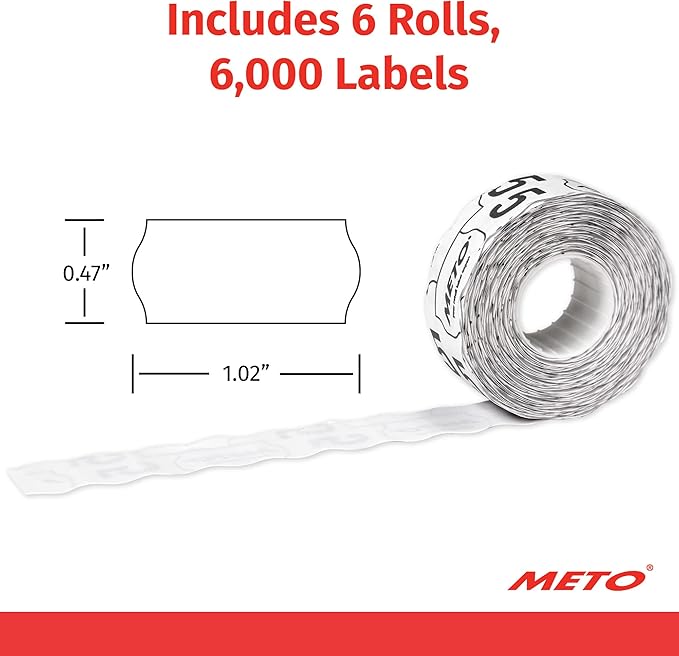 Meto Price Gun Labels, White 0.47" x 1.02" (12 x 26mm), 6 Rolls for 6,000 Total, Deepfreeze Adhesive, for Meto Classic S Price Guns, Single-Line Printing (88313)