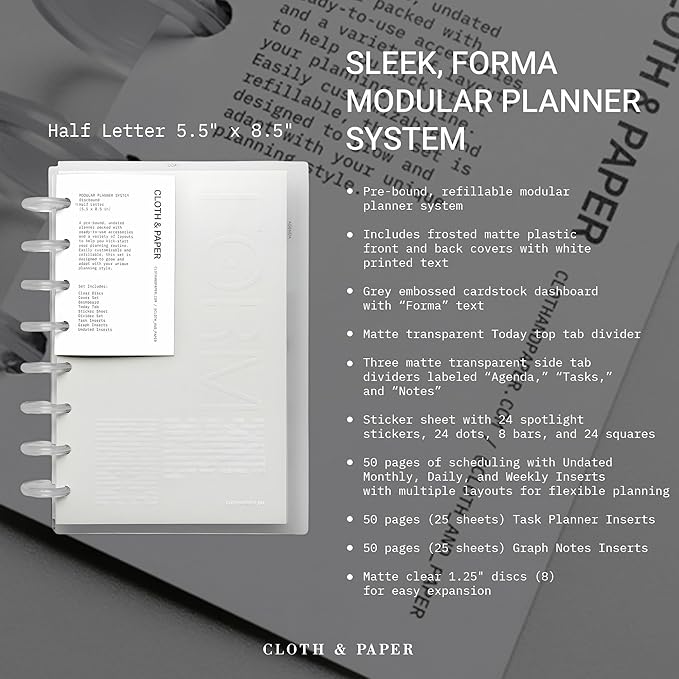 Cloth & Paper FORMA Modular Planner System – Premium Discbound Half Letter Undated Planner with Clear Discs, Covers, Dividers, Today Tab, Stickers & Inserts – Customizable Refillable Planning Organizer