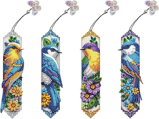 ARTopet 4Pcs DIY Diamond Art Painting Bookmarks with Colorful Butterfly Pendant PET Bookmark Ornament Double Sided Pattern Single Sided Diamond Book Marker Clip Gifts Tags-Bird