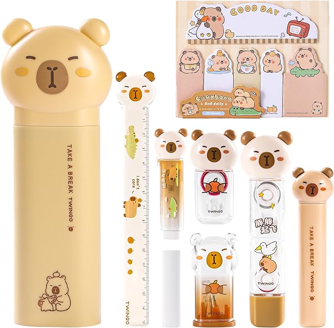 9 Pcs Cute Capybara Stationary Set Kawaii School Supplies Japanese Stationery, Includes Pencil Sharpener, Eraser, Correction Tape, Glue Tape, Sticky Notes, Ruler, Scissors for Office School Supplies