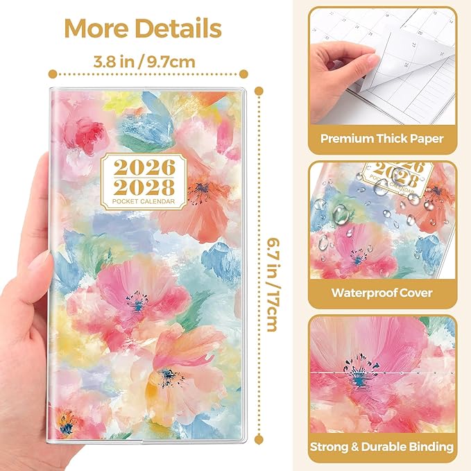 SKYDUE Pocket Calendar 2026-2028, Pocket Monthly Planner Jul 2026 - Dec 2028 for Purse, 6.7" X 3.8" 30-Month Small Planner, Academic Year Calendar, Compact Design with Plastic Sleeve