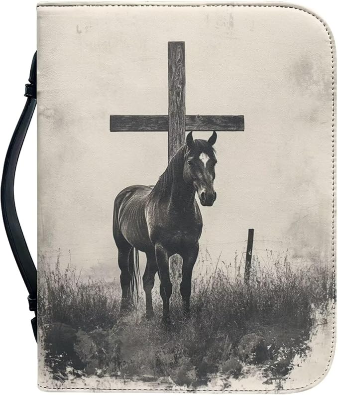 Retro Cross Horse Bible Cover for Women, Soft Leather Bible Case with Zipper Pockets for Pens Waterproof Religious Scripture Carrier for Outdoor Church Events