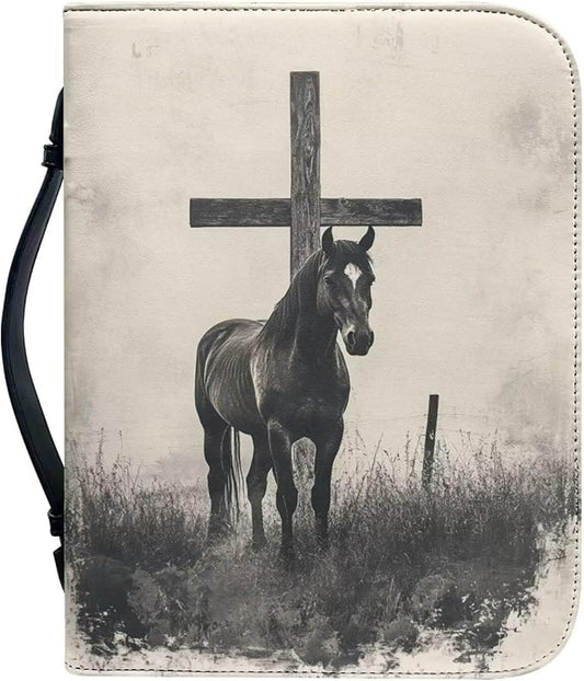 Retro Cross Horse Bible Cover for Women, Soft Leather Bible Case with Zipper Pockets for Pens Waterproof Religious Scripture Carrier for Outdoor Church Events
