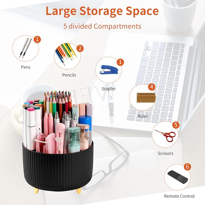 Desk Pencil Pen Holder, 5 Slots 360°Degree Rotating Pen Organizers for Desk, Desktop Storage Stationery Supplies Organizer, Cute Pencil Cup Pot for Office, School, Home, Art Supply, Black