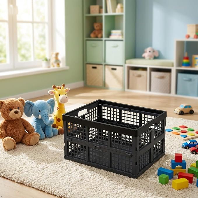 3-Pack 34 L Plastic Collapsible Storage Crates, Large Stackable Folding Storage Crates