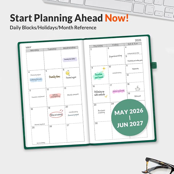 SUNEE 2026-2027 Pocket Weekly Planner for Purse 3.5" x 6" - 12 Month (July 2026 - June 2027) Academic Year Calendar, Pocket Size Planner, Hardcover, Note, 100 GSM Paper, Deep Green