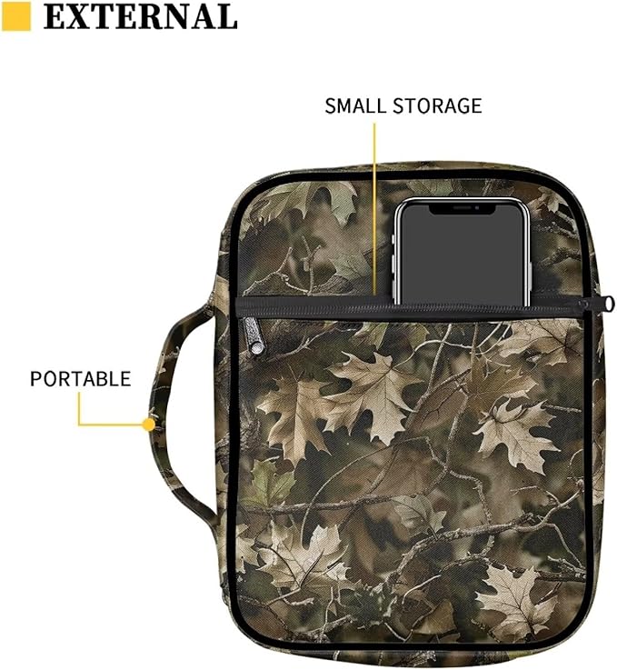 Suobstales Green Hunting Camo Print Bible Cover Carrying Book Case for Women Men Lightweight Bible Bag Bible Protective with Handle and Zippered Pocket