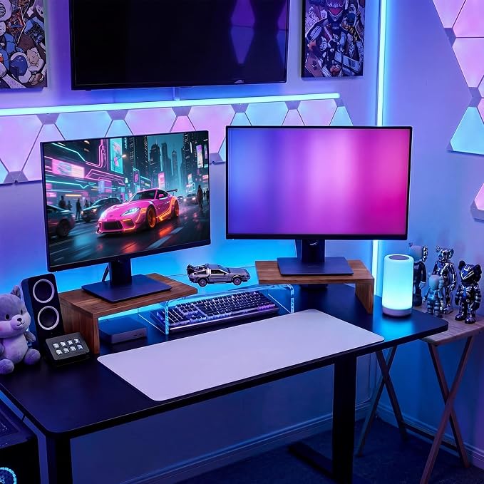 High-Clarity Dual Monitor Riser, Acrylic Monitor Riser, Adjustable Angle & Length Computer Monitor Stand, Wide Desk Shelf for Top of Desk for Home Office_Walnut Look Small