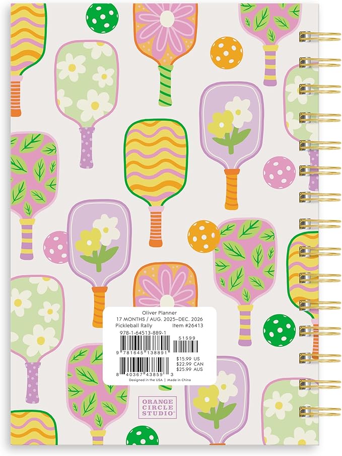 Orange Circle Studio 2026 Planner, Pickleball Rally, Oliver Planners, Wire-O Bound Monthly Calendar Book, Appointment, Goal & Budget Trackers, Includes 100 Full Color Stickers