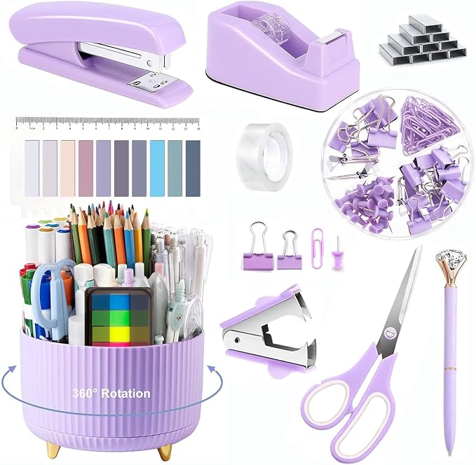 Office Supplies,Purple Desk Accessories,Office Supplies Set,Desk Organizer,Stapler,Tape Dispenser,Scissors,Staple Remover,Binder Clips,Staples,Ballpoint Pen,Index Tabs with Ruler,Clear Tape.10pcs
