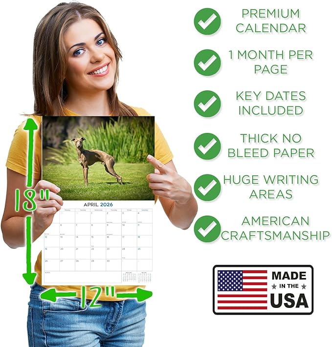 2025 2026 Italian Greyhound Calendar - Dog Breed Monthly Wall Calendar - 12" x 18" Open - Thick No-Bleed Paper - Giftable - Academic Teacher's Planner Calendar Organizing & Planning - Made in USA