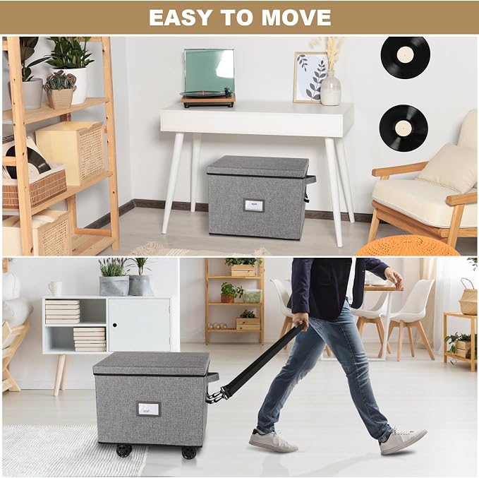 Lukeline Rolling Vinyl Record Storage Box, LP Record Storage Holds up 100 Single Records, Decorative Moving Box for Records, Vinyl Storage Organizer with Tow Rope and Double Handle