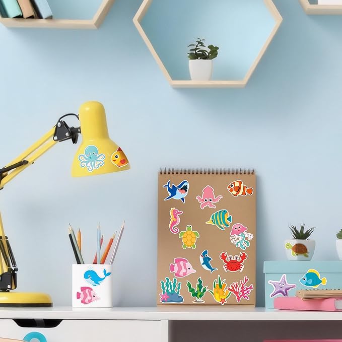 SANNIX 1200PCS Ocean Animal Stickers, 20 Styles Qcean Stickers Cartoon Sea Creature Sticker Fish Labels for Classroom Rewards Under The Sea Theme Party Computer Water Bottle Craft Supplies