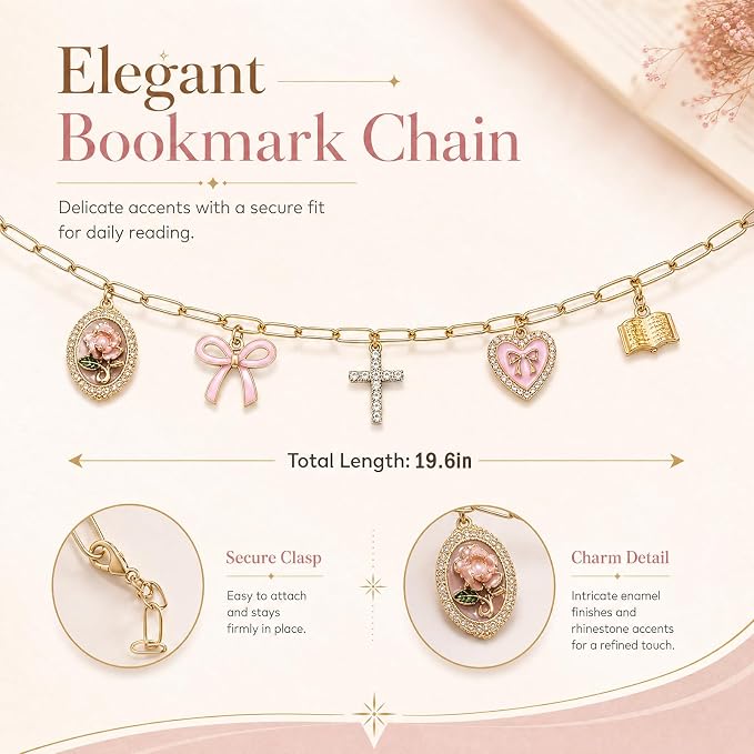 Cross Heart Bow Bible Charm Chain - Christian Biblebook Accessory Faith Gift, Scripture Bookmark Decor for Bible Spine Edge, Religious Charms for Book Lovers