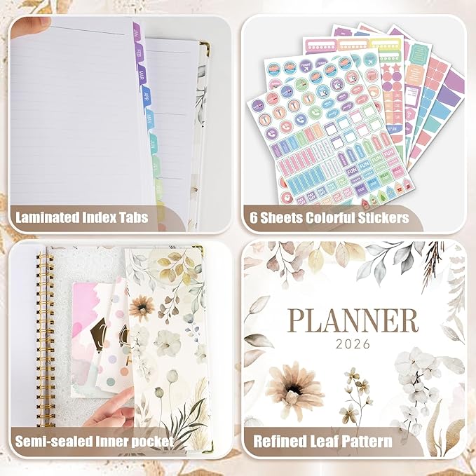 GuassLee 2026 Weekly Monthly Planner A4, 12-Month Hardcover Large Calendar Planner with Tabs, Stickers & Pocket, January 2026 to December 2026 Daily Planner Organizer for School Home Office