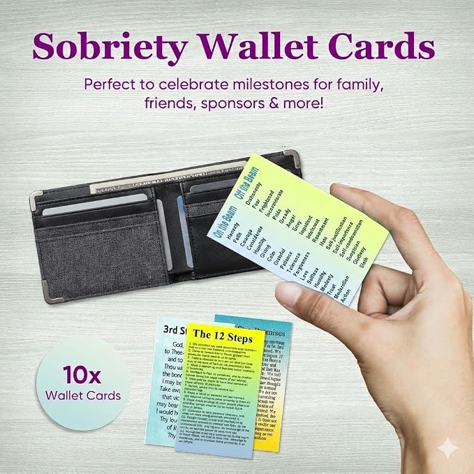 10 Pack Sobriety Cards for Wallet - AA 12 Step Recovery Gifts for Men & Women - Inspirational Sober Anniversary Assortment - Serenity Prayer Cards for Sponsors & Support Groups