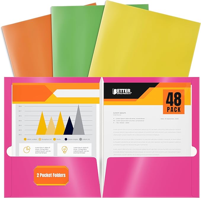 Better Office Products 2 Pocket Glossy Laminated Neon Paper Folders, Letter Size, Neon Paper Portfolios, Box of 48-4 NEON Colors