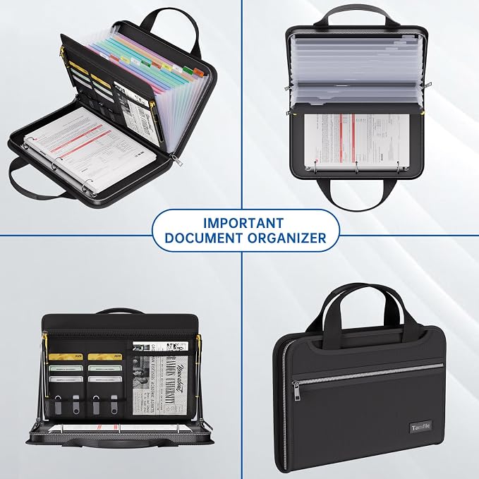 Tamfile Fireproof Accordion File Organizer with Handle, 13 Pocket Expanding File Folder with Zipper & Labels, File Folder with 3 Ring Binder, Multi Pockets Paper Organizer Folder for Letter A4 Files