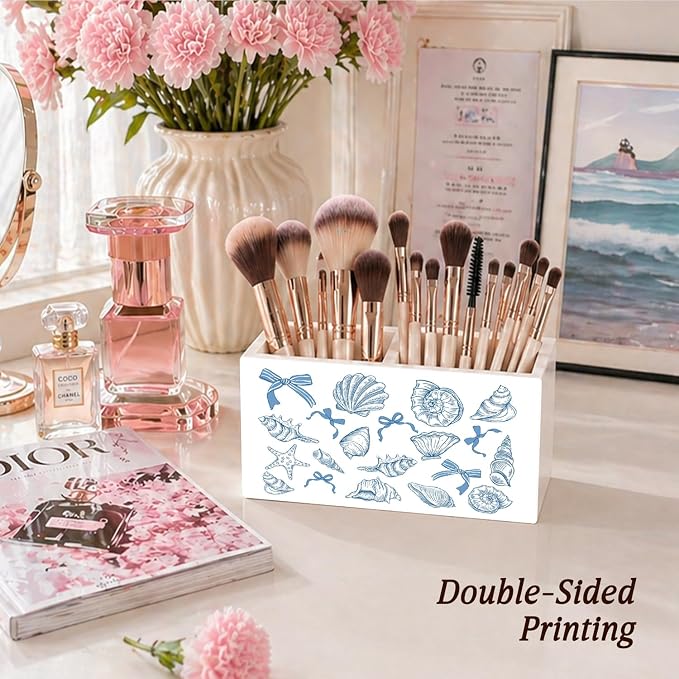 Blue Coastal Beach Pen Pencil Holder for Desk, Bow Pencil Holders Wooden Box Organizer for Home Office Bedroom Desk Tabletop