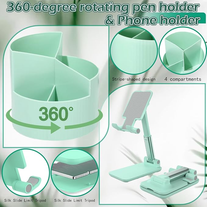 Sage Green Desk Accessories Office Supplies Set, Pen Holder, Stapler, Tape Dispenser, Notebook, Scissor, Sticky Notes, Binder Clips, Desk Organizers (Green)