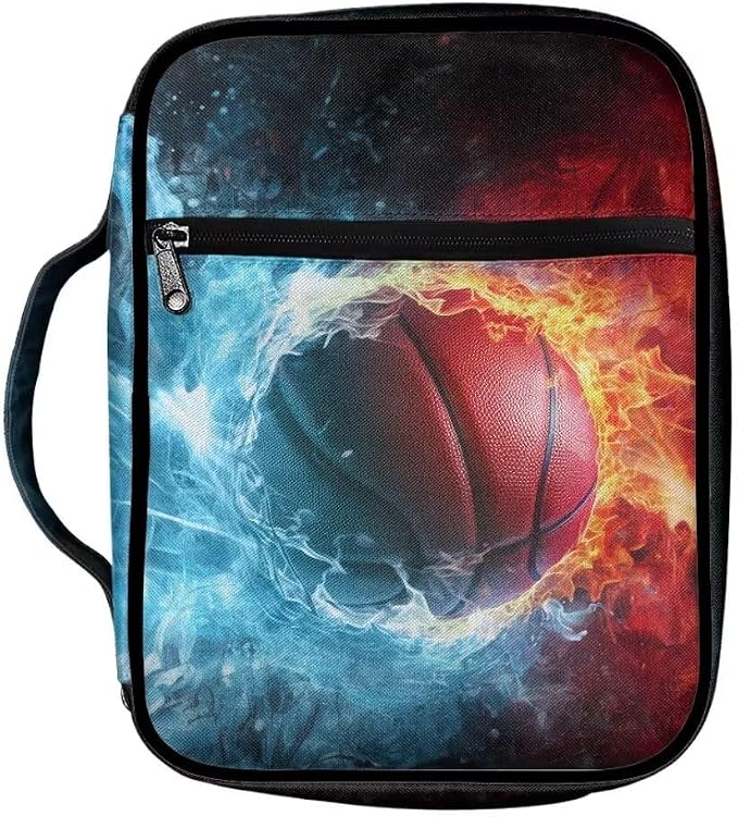 Coldinair Fire Flame Basketball Bible Cover Case for Men,Kids Carrying Book Cover Bible Holders with Handle and Zippered Pocket,Fits for Standard/Large Size Bible