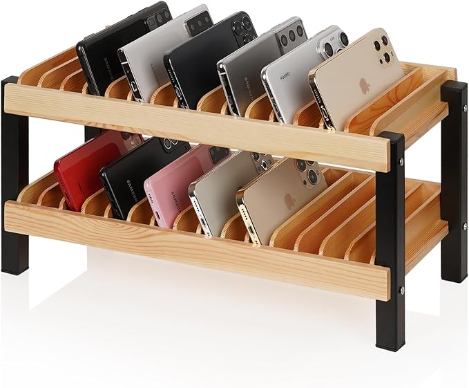 Echaprey 30-Grid Wooden Cell Phone Holder Desktop Multiple Classroom Phone Storage Organizer Rack Box Caddy for Office School Classroom with 1-30 Number Stickers