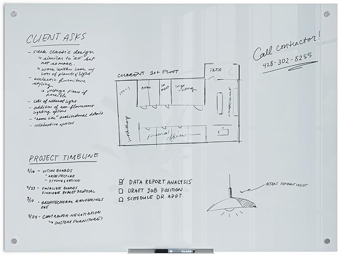 U Brands Glass Whiteboard 36" x 48", Frameless White Frosted Dry Erase Board, Wall Mounted for Office, Home, and Classroom, Includes Marker