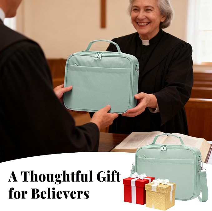SUNEE Bible Cover for Women, Large Bible Bag w/Shoulder Strap Carrying Book Case w/Pen Slots and Zippered Pocket, Gift for Women & Men, Sage Green