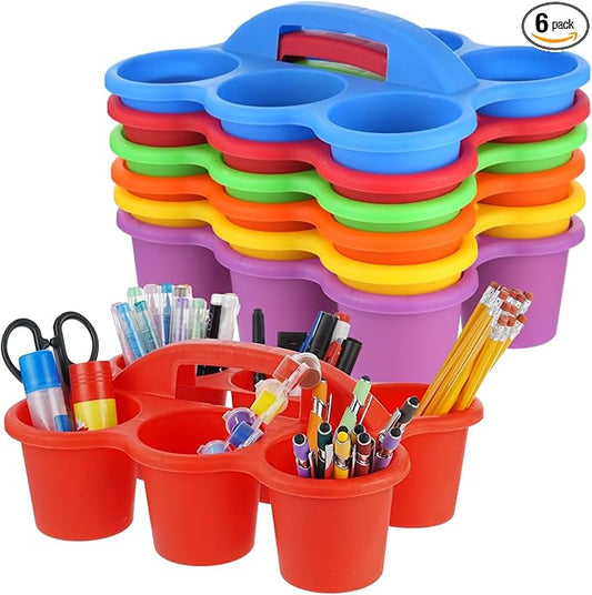 Joyibay 6 Pcs Classroom Caddy Organizer, Desktop Plastic Caddy, Drink Holder with 6-Compartment & Handle, Multifunctional Storage Holder for Crayons, Pencils, Markers & Office Supplies (Multicolor)