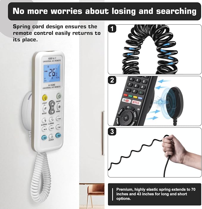 4-Pack Magnetic Remote Control Holders with Spring Ropes - Safely Secure Remotes & Small Items, Wall-Mount with Adhesive, Anti-Loss, Rapid Adsorption, Extendable Spring (Black 43 inch, 4 Pack)