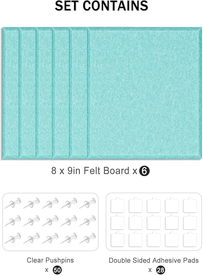 Hsurbtra Cork Board for Wall 24 x 18 Inch, 6 Pack Felt Bulletin Notice Board with Pushpins for Office Home School Farmhouse Wall Decor, Lake Blue