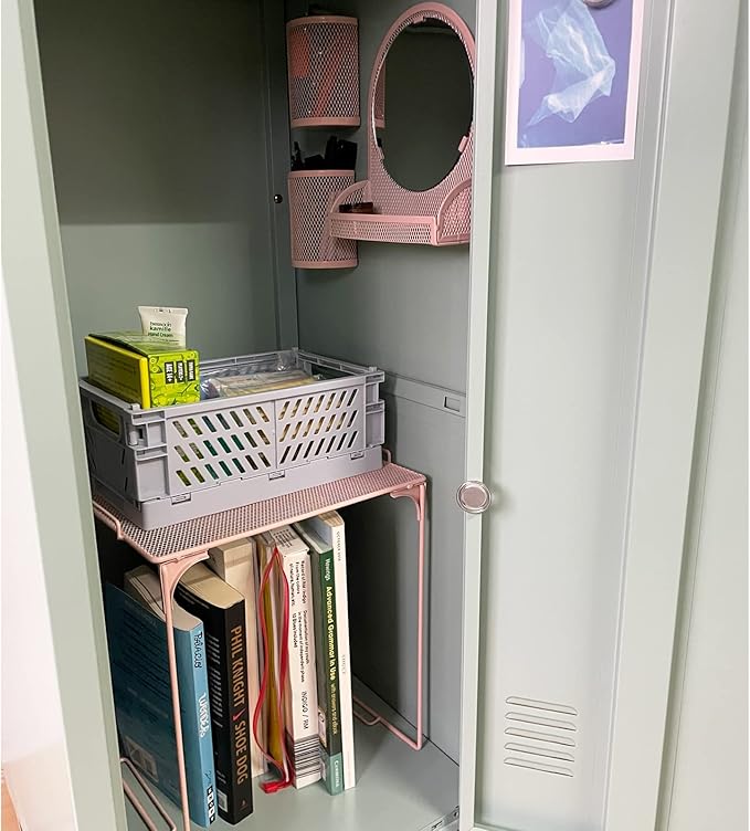 Svartur Locker Shelf with Locker Mirror Magnetic & 2 Magnetic Pen Cups, Locker Organizer for Work, Mesh Metal Locker Accessories Kit for School Locker, Locker Decor Office Supplies, Pink