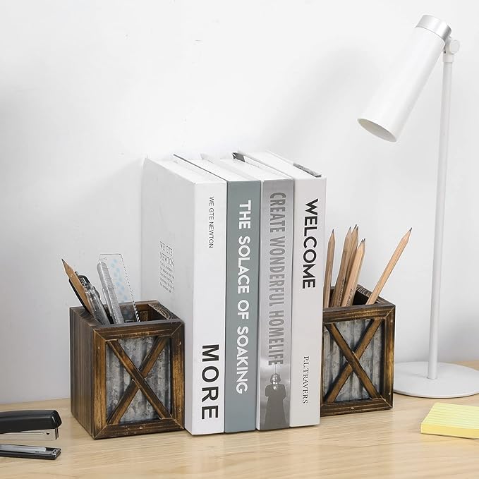 MyGift Rustic Decorative Bookends, Book Ends for Shelves with Pen Holder, for Home Office Classroom, Dorm Room, Desk, Burnt Wood with Corrugated Galvanized Metal Accent