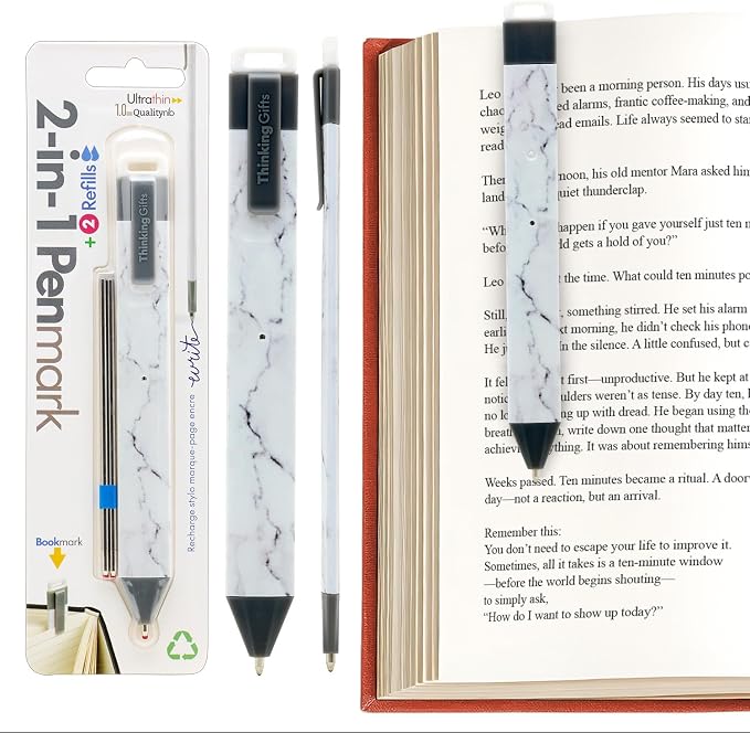 Gifts for Readers & Writers Pen Bookmark, Page Marker & Flat Writing Pen for Journal Notebook & Planner, Penmark Reading Accessory for Making Book Annotations (Marble)