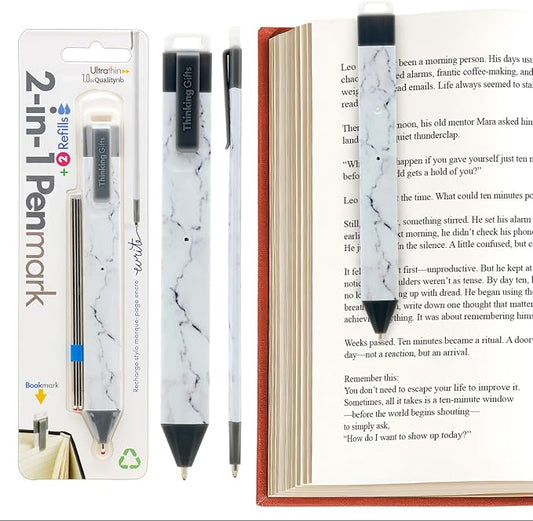 Gifts for Readers & Writers Pen Bookmark, Page Marker & Flat Writing Pen for Journal Notebook & Planner, Penmark Reading Accessory for Making Book Annotations (Marble)
