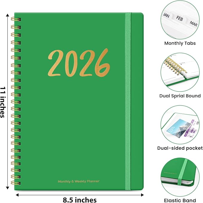 2026 Planner, Weekly and Monthly Planner for Women, January 2026 - December 2026, Hardcover 2026 Calendar Planner Book with Tabs, Inner Pocket, Spiral Bound, Perfect for Office Home School Supplies - A4 (8.5" x 11"), Racing Green