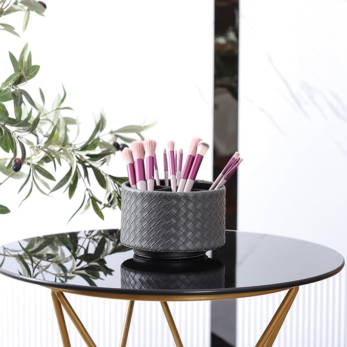 Rotating Remote Holder, PU Leather 360 Degree Rotating Desktop Organizer with 4 Compartments, Makeup Brush Holder Organizer for Vanity Desk, Grey PH118