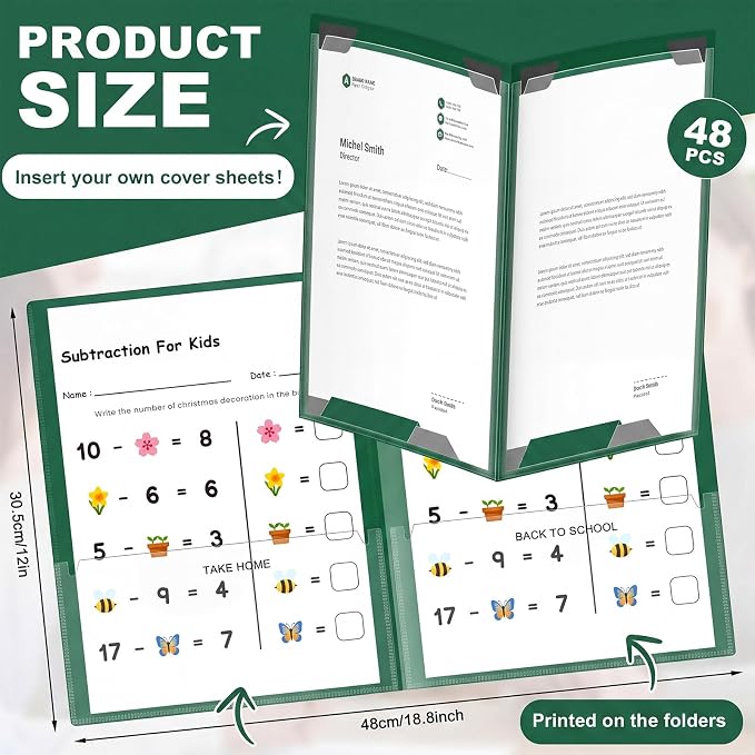 Henoyso 48 Pcs Take Home Folder Heavy Duty 2 Clear Front Pockets and 2 Inside Pockets Homework Folders for School Students Parent Teacher Classroom Communication (Dark Green)