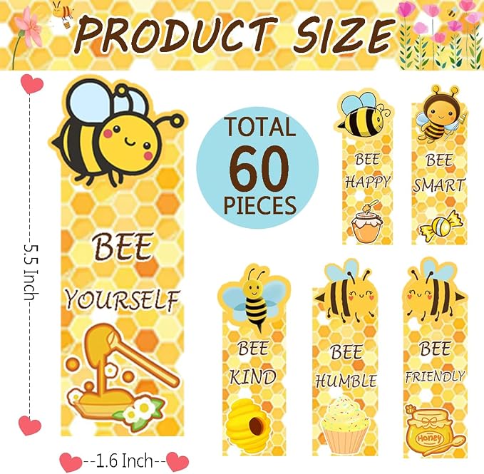 Cute Bee Bookmarks,1.6 * 5.5Inch Motivational Paper Bookmark Pack,60PCS Book Marks for Reading,Class Supplies for Students in Bulk,Fun Bookmarks