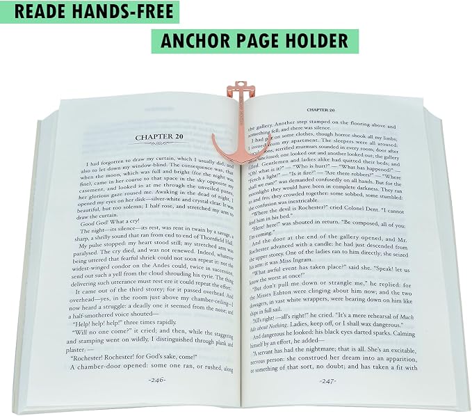 Anchor Page Holder for Hands Free Reading Bookmark Book Opener Reader Gift Metal Portable Music Recipe Book Hardcovers Paperbacks Magazines Clip Accessories, Rose Gold