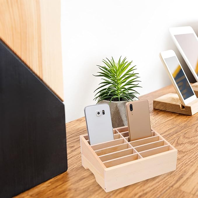SEWACC 12-Grid Wooden Cell Phone Holder, Mobile Phones and Calculator Storage Box, Multifunctional Desktop Organizer Storage Box for Classroom Office Meeting Room Rack Display