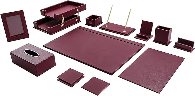 Leather Desk Set,15-Piece Desk Organizer Set, Executive Office Accessories with Desk Pad & Blotter, 2-Tier Tray, Pen Holder & More, Professional Office Desk Decor & Gift Set (Burgundy)
