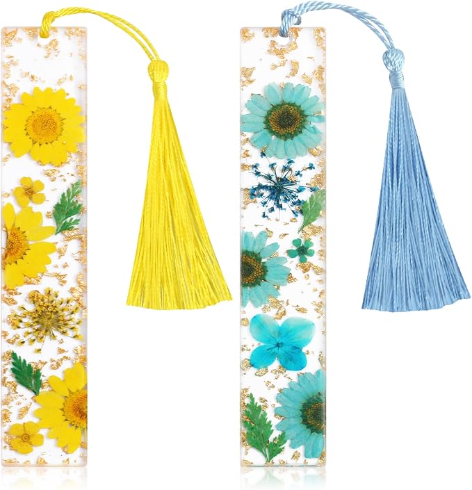 Bookmarks for Women, Kaluofan 2PCS Book Markers for Reading, Durable Handmade Dried Flower Resin Bookmarks with Tassels, Pretty and Increase Reading Interest