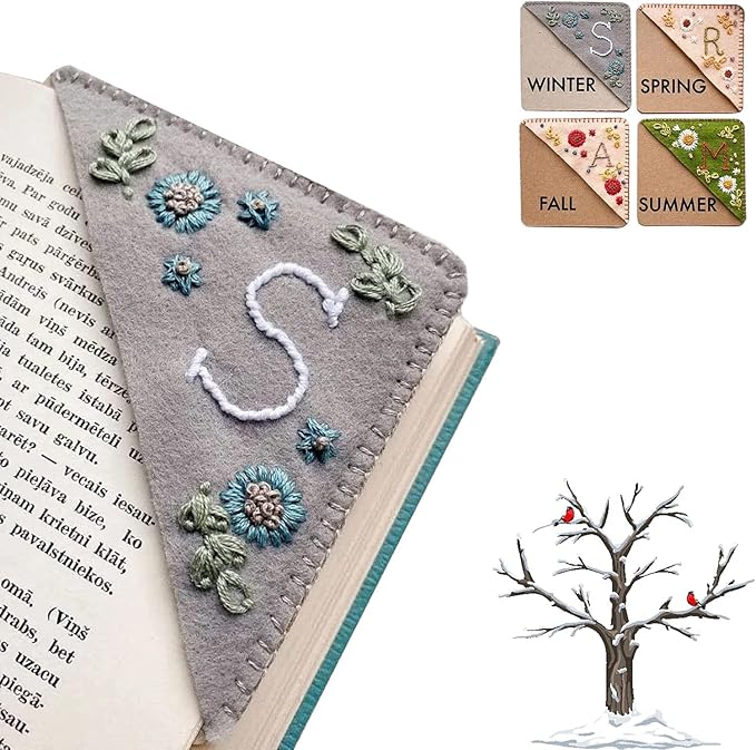 Personalized Hand Embroidered Corner Bookmark, 26 Letters Cute Flower Embroidered Corner Bookmark Embroidery Book Marker Clip for Book Lovers Bookmarks for Reading Lovers Meaningful GIF (Fall, J)
