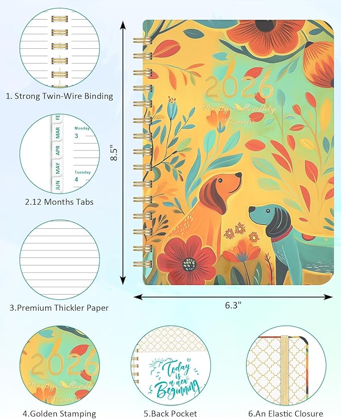 2026 Weekly and Monthly Planner - 2026 Hardcover Calendar Planner, Jan. 2026 - Dec. 2026, Daily Agenda Book with Tabs, Twin-Wire Binding, Back Pocket, School Teacher Student Supplies, A5(6.3" x 8.5") (Dog)