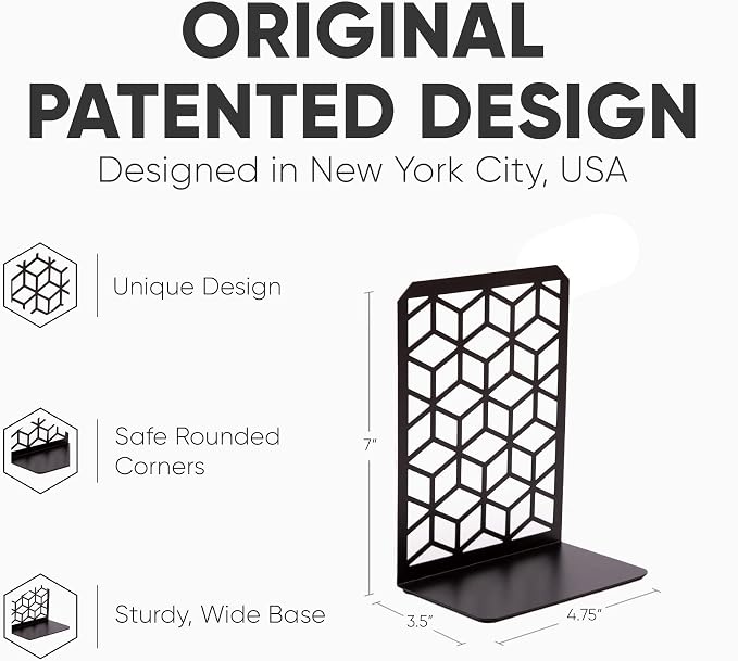 Geomod 3D Cube Black Metal Bookends Decorative for Heavy Books - Sturdy Boho Book Stops - Minimal Book Shelf Stopper - Durable Office Bookends - Weighted Metal Book Holders - 7x4.75 Inches - 3 Pair
