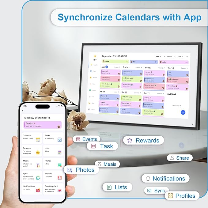 BQQJDD 15.6 Inch Digital Calendar&Chore Chart, 1920 * 1080P Full HD Touchscreen Interactive Display Smart Family Planner, Wall and Desk Mountable, Gifts for Women Men, Gifts for Mom